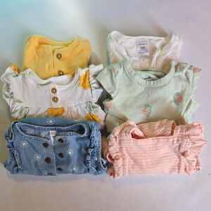 Set of 6 - Carter's Newborn Summer Baby Girl Dress, Romper, Sweater Bundle.